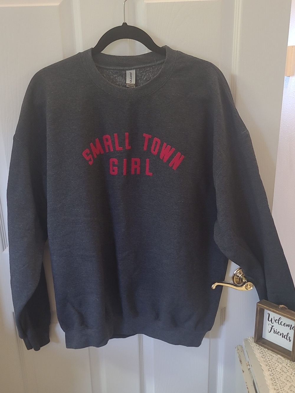 Gildan Charcoal Crewneck with Pink 'Small Town Girl' Text. Bin 7